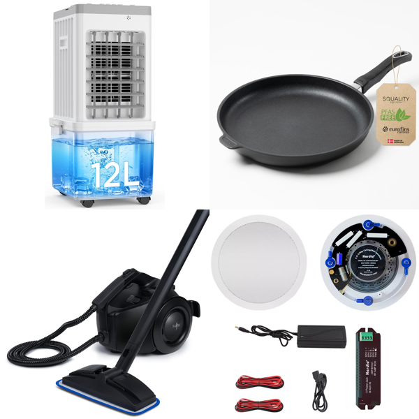 Source photograph for Pallet – Mixed Home Goods – Mobile Air Conditioners, Steam Cleaners, Frying Pans, Bluetooth Speakers, Projector Screens