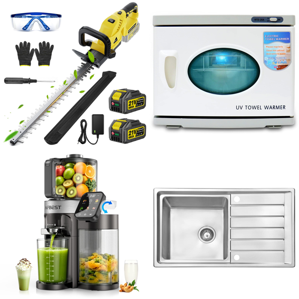 Source photograph for Pallet – Mixed Goods – Cordless Hedge Trimmer, Juicer, Towel Warmer, Record Player, Camping Wagon