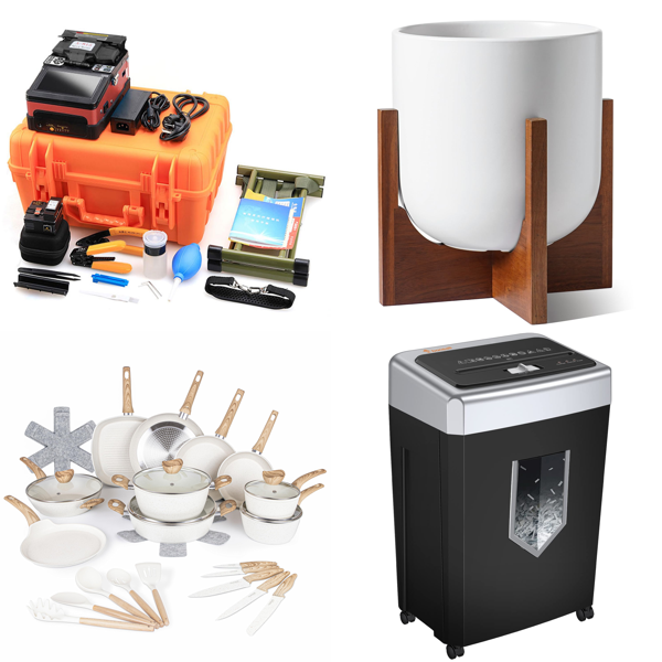 Source photograph for Pallet – Mixed Goods – Cookware Sets, Fiber Fusion Splicers, Hydraulic Crimping Tools, Paper Shredders