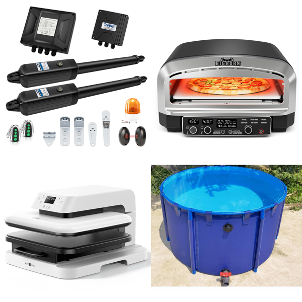 Source photograph for Pallet – Mixed Goods – Pizza Oven, Car Fridge, Home Safes, T-Shirt Heat Press, Garden Hose Reel