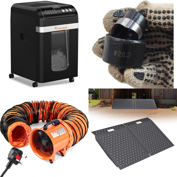 Source photograph for Pallet – Mixed Goods – Paper Shredders, Industrial Fans, Hydraulic Punch Tools, Safes