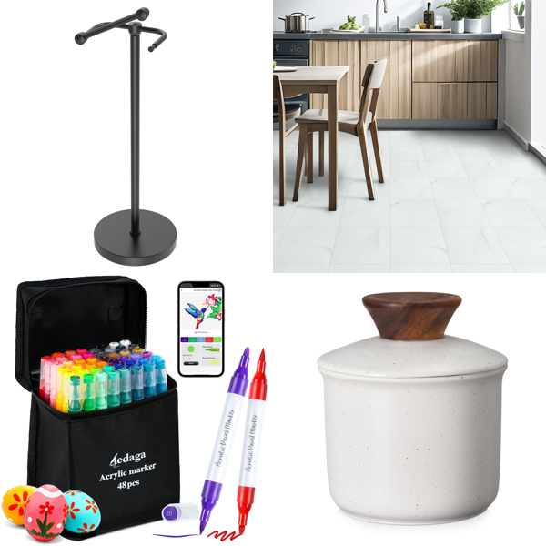 Source photograph for Pallet – Mixed Household Goods – Toilet Roll Holder, Acrylic Paint Pens, Self-Adhesive Floor Tiles, Butter Dish, Umbrella