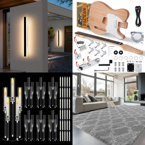 Source photograph for Pallet – Mixed Goods – Outdoor Lights, Candle Holders, Guitars, Rugs, Ramps, Acoustic Panels, Pillows, Showers