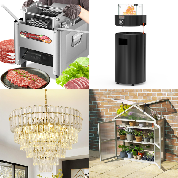 Source photograph for Pallet – Mixed Goods – Meat Slicer, Crystal Chandelier, Gas Fire Pit, Garden Greenhouse