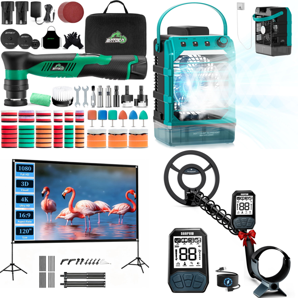 Source photograph for Pallet – Mixed Goods – Car Polisher, Projector Screen, Misting Fan, Metal Detector, Coffee Maker