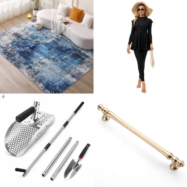 Source photograph for Pallet – Mixed Home Goods – Rugs, Beach Sand Scoops, Swimsuits, Kitchen Utensils