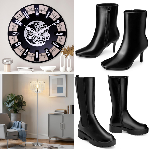 Source photograph for Pallet – Lighting, Women's Footwear – Wall Clocks, Floor Lamps, Women's Ankle Boots, Mid-Calf Boots