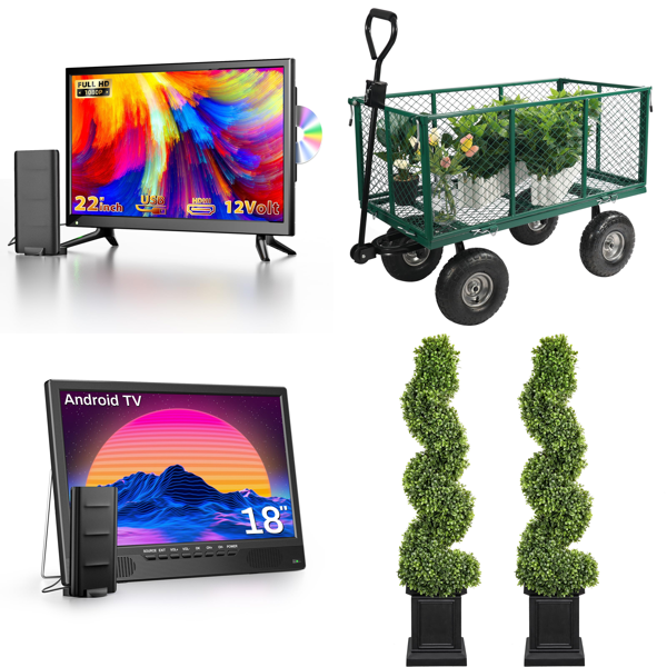 Source photograph for Pallet – Mixed Electronics & Garden Goods – Mini TVs, Projector Screens, Garden Carts, Artificial Topiary Trees