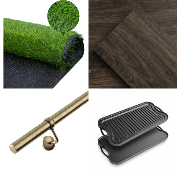 Source photograph for Pallet – Mixed Home Goods – Artificial Grass, Vinyl Flooring Planks, Cast Iron Griddle Pan, Area Rug, Hiking Boots