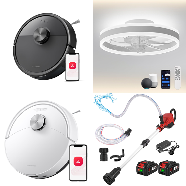 Source photograph for Pallet – Mixed Home Goods – Robot Vacuums, Ceiling Fan, Water Pump, Dog Ramp