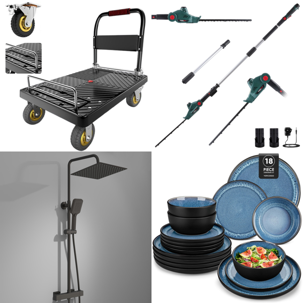 Source photograph for Pallet – Shower Systems & Equipment – Shower Sets, Platform Truck, Hedge Trimmer, Dinnerware Set, Lighting