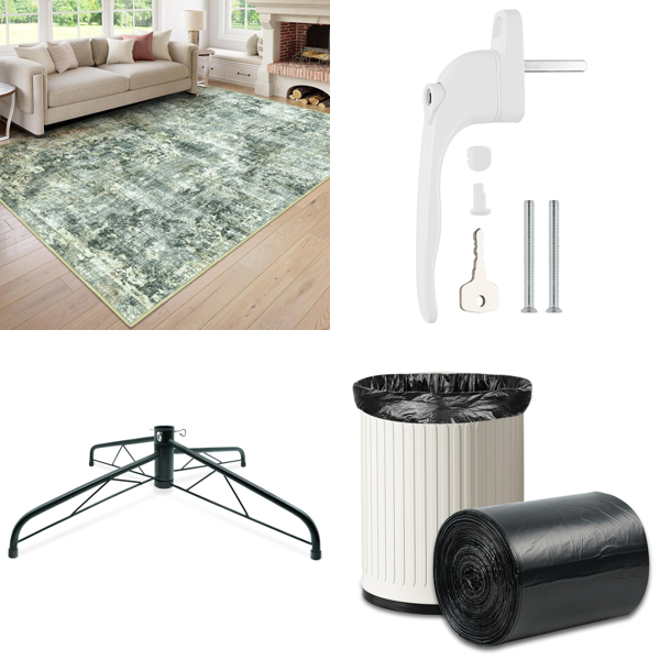 Source photograph for Pallet – Home & Seasonal Goods – Rugs, Christmas Tree Stands, Window Handles, Bin Bags