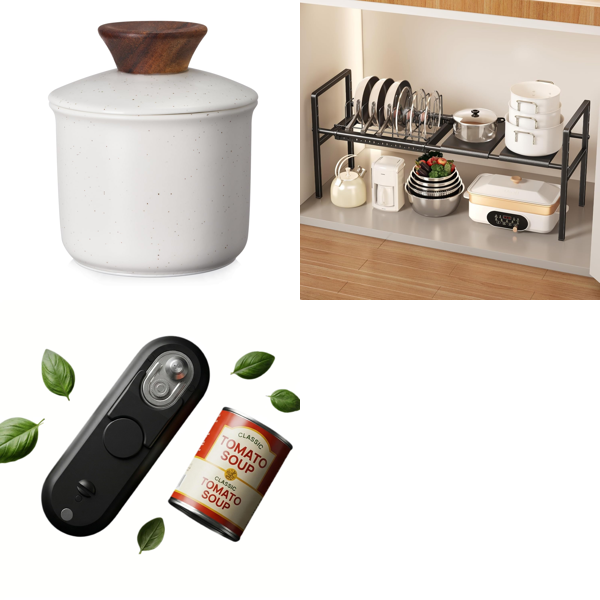 Source photograph for Pallet – Kitchen Accessories – Ceramic Butter Dish, Electric Can Openers, Pan and Lid Organiser
