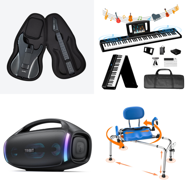 Source photograph for Pallet – Electronics & Home Goods – Electric Guitar, Bluetooth Speakers, Keyboard Piano, Robot Vacuum