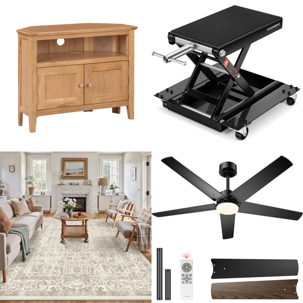 Source photograph for Pallet – Home & Garden – TV Cabinet, Rugs, Motorcycle Lift, Ceiling Fan, Safe