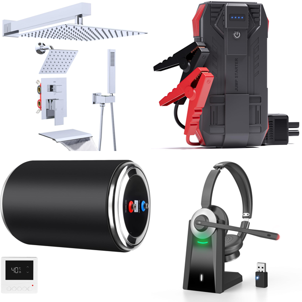 Source photograph for Pallet – Mixed Products – Shower Taps, Water Heater, Jump Starter, Bluetooth Headset, Bug Zapper, Massager, Car Accessories
