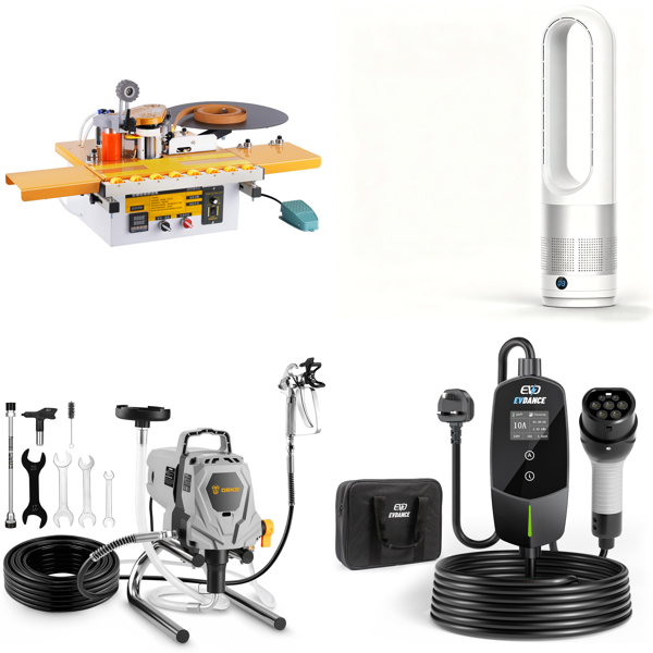 Source photograph for Pallet – Mixed Equipment – Edge Banding Machine, Airless Paint Sprayer, Tower Cooling Fan, EV Charger