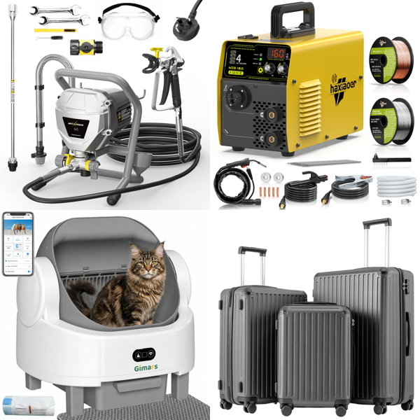 Source photograph for Pallet – Mixed Goods – Paint Sprayer, Automatic Cat Litter Box, Welder, Suitcases, EV Charger, Wall Clock, Lawn Sprinklers, Bread Bin, Rug, Training Hurdles