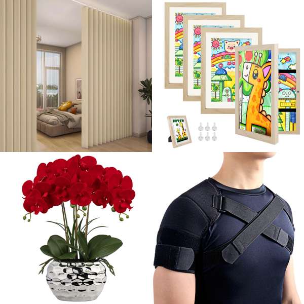 Source photograph for Pallet – Mixed Goods – Curtains, Artificial Flowers, Picture Frames, Support Braces, Golf Parts, Swimwear