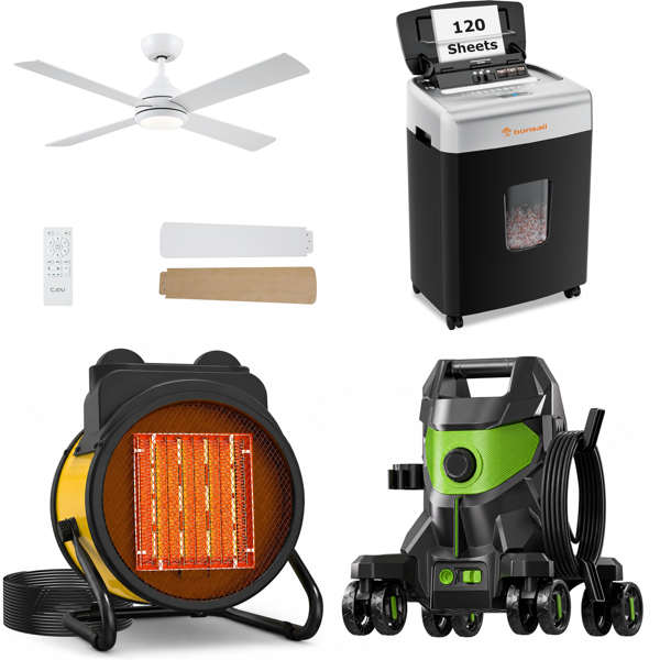 Source photograph for Pallet – Home, Office & Garden Equipment – Fans, Heaters, Shredder, Pressure Washer, Steam Mop