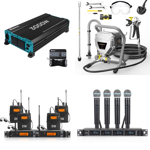 Source photograph for Pallet – Mixed Technology – Solar Inverter, Wireless Microphones, Paint Sprayer, Grass Trimmer