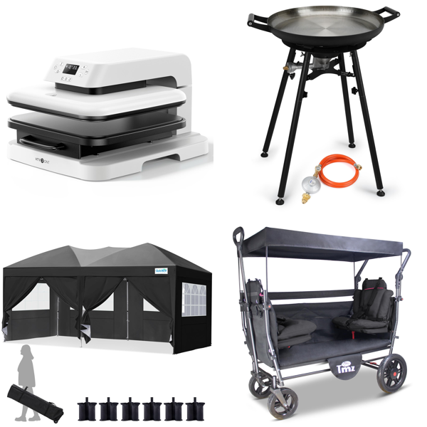Source photograph for Pallet – Mixed Goods – Heat Presses, Gazebos, Gas Burners, Utility Wagons, Treadmills, Record Players