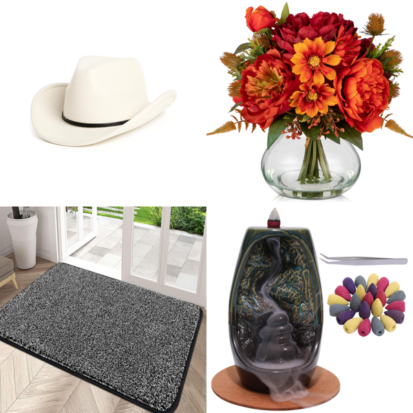 Source photograph for Pallet – Mixed Home & Leisure Goods – Cowboy Hats, Doormats, Artificial Flowers, Incense Cones, Self-Adhesive Wallpaper