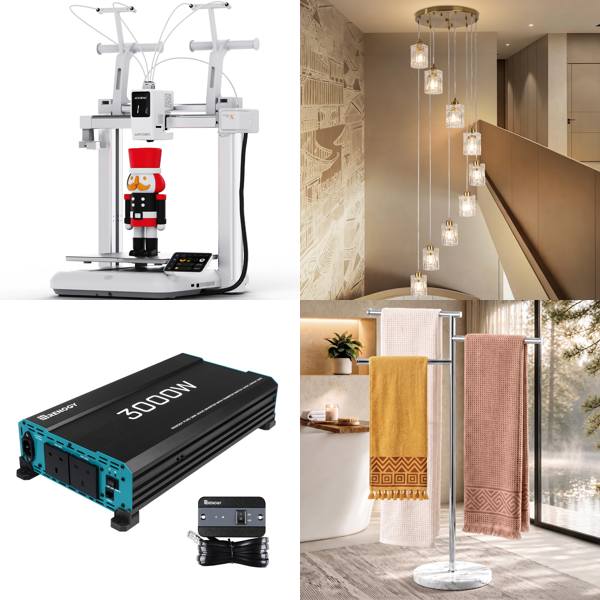 Source photograph for Pallet – Mixed Home & Construction Goods – 3D Printers, Inverters, Chandeliers, Projector Screens