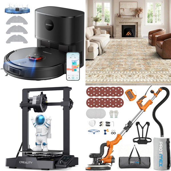 Source photograph for Pallet – Mixed Household Goods – Robot Vacuum Cleaner, 3D Printer, Cookware Set, Fan, Wall Sander