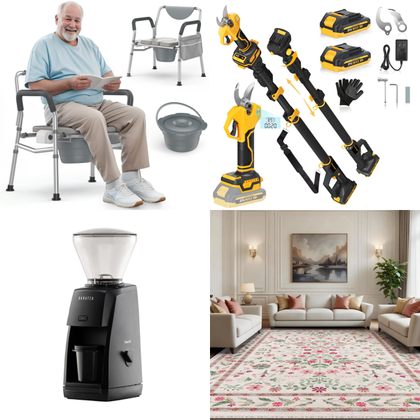 Source photograph for Pallet – Mixed Goods – Commode Chair, Coffee Grinder, Electric Pruner, Rugs, Stand Mixer