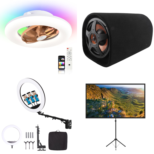Source photograph for Pallet – Mixed Goods – Ceiling Fan, Air Fryer, Car Subwoofer, Projector Screen, Electronic Keyboard