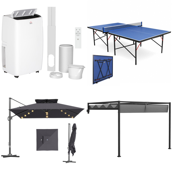 Source photograph for 2x Pallet – Mixed Goods – Air Conditioner, Garden Parasol, Table Tennis Table, Pergola, Shower Enclosures, Projector Screen - Forklift Required