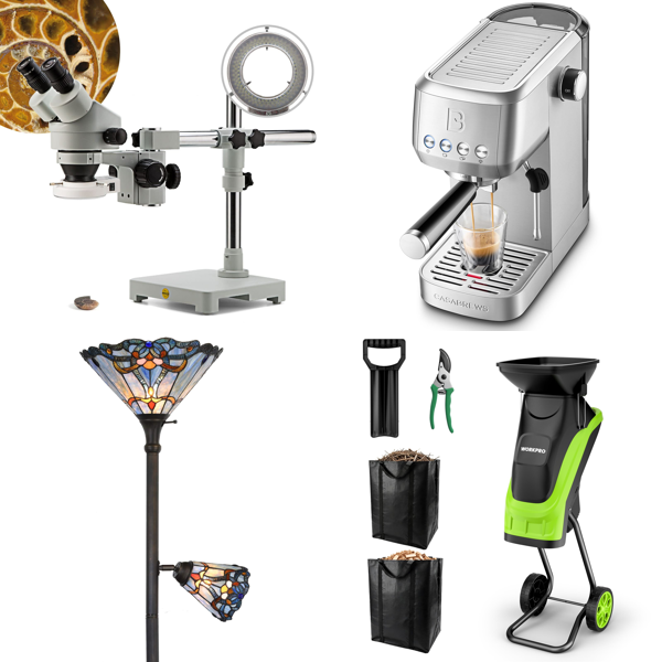 Source photograph for Pallet – Mixed Home & Garden Equipment – Microscopes, Lamps, Espresso Machines, Garden Shredders, Pressure Washers