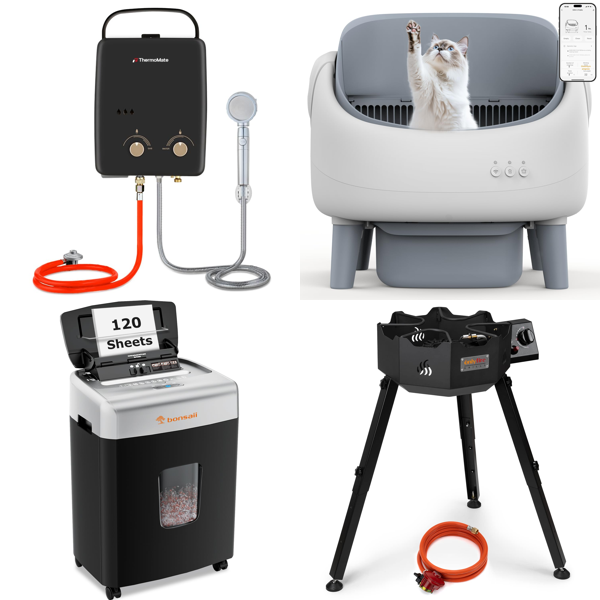 Source photograph for Pallet – Mixed Home Equipment – Water Heaters, Shredders, Cat Trays, Cookers, Coolers, Kitchen Sinks