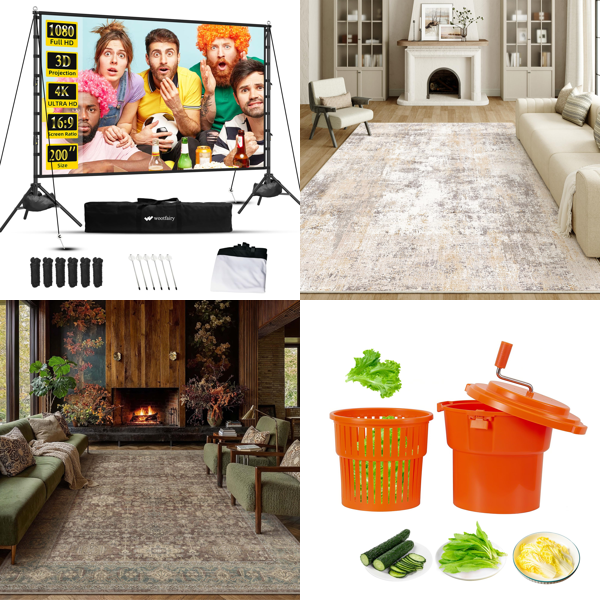 Source photograph for Pallet – Mixed Home & Commercial Goods – Projector Screen, Rugs, Digital Piano, Safe, Trolley, Ladder