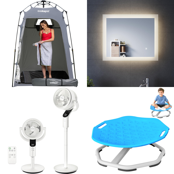 Source photograph for Pallet – Mixed Goods – Shower Tent, Fan, LED Mirror, Sensory Chair, Dog Ramp, Footwear