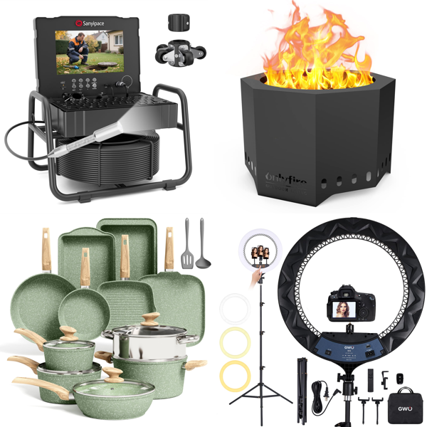 Source photograph for Pallet – Mixed Goods – Sewer Inspection Camera, Cookware Sets, Fire Pits, LED Lighting, Camping Wagons