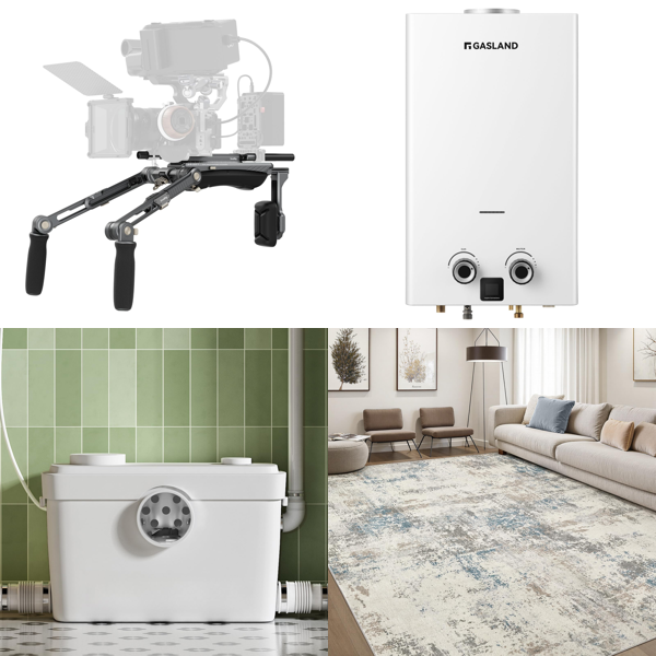 Source photograph for Pallet – Mixed Goods – Rugs, Water Heaters, Medical Screens, Safes, Trolleys, Pumps
