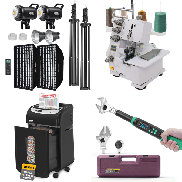 Source photograph for Pallet – Professional Equipment – LED Lights, Paper Shredder, Overlock Machine, Torque Wrench, Cookware