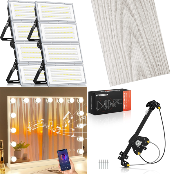 Source photograph for Pallet – Home Improvement & Auto Parts – Flood Lights, Makeup Mirror, Floor Tiles, Electric Window Regulator