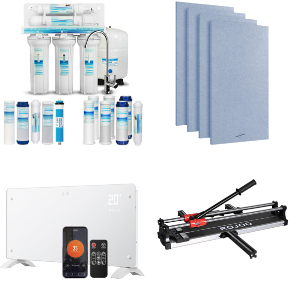 Source photograph for Pallet – Mixed Equipment – Water Filters, Heaters, Acoustic Panels, Tile Cutters