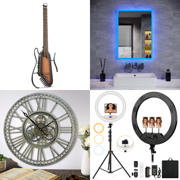 Source photograph for Pallet – Home Equipment & Electronics – Guitars, LED Mirrors, Solar Panels, Lighting