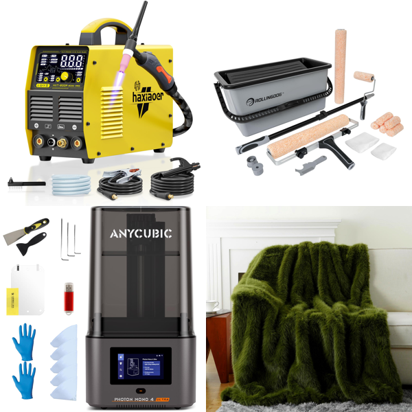 Source photograph for Pallet – Mixed Goods – Welding Machine, 3D Printer, Paint Roller, Throw Blanket, Vacuum Cleaner