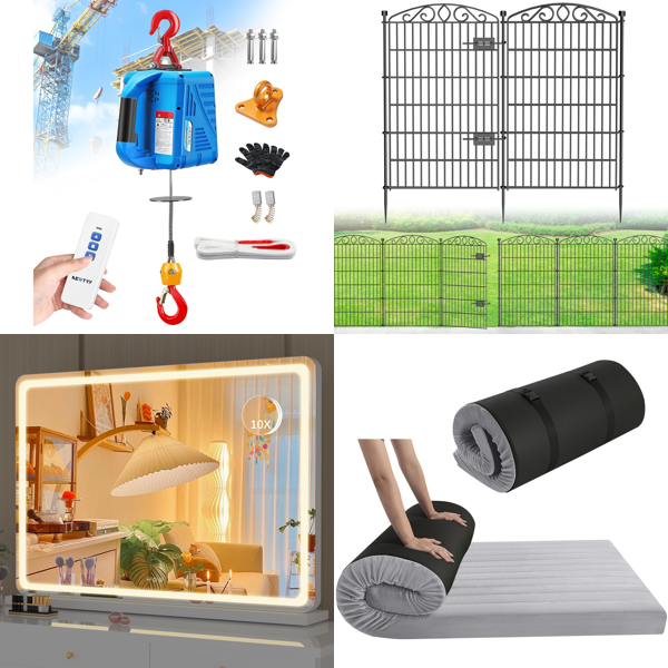 Source photograph for Pallet – Garden, Camping & Home Equipment – Electric Hoist, Solar Panel, Fan, Sun Loungers