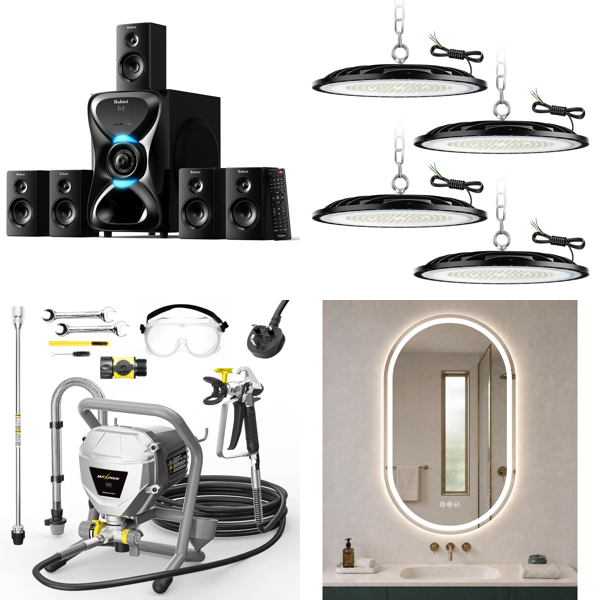 Source photograph for Pallet – Mixed Equipment – Sound System, Paint Sprayer, LED Lighting, Electric Guitar, Robot Vacuum