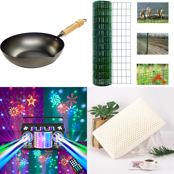 Source photograph for Pallet – Mixed Goods – Stir-Fry Pans, Disco Lighting, Wire Fencing, Latex Pillows