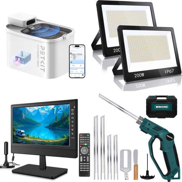 Source photograph for Pallet – Mixed Equipment & Tools – Cat Water Fountains, Televisions, Floodlights, Painting Tools