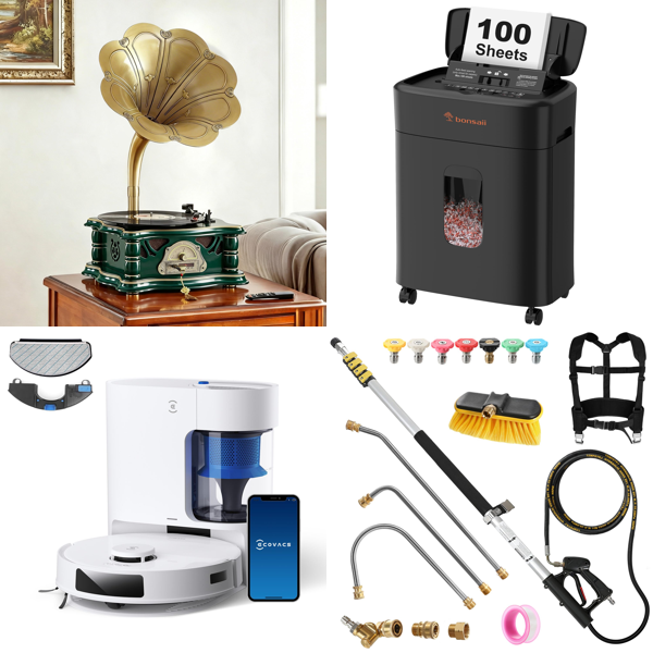 Source photograph for Pallet – Mixed Home & Garden Goods – Robot Vacuum, Turntable, Paper Shredder, Drywall Sander, Chainsaw