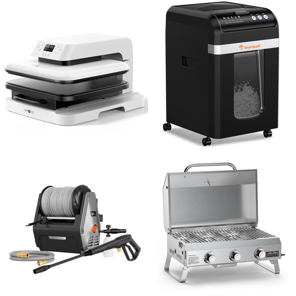 Source photograph for Pallet – Mixed Equipment – Heat Press, Pressure Washer, Paper Shredder, BBQ Grill, Robot Vacuum