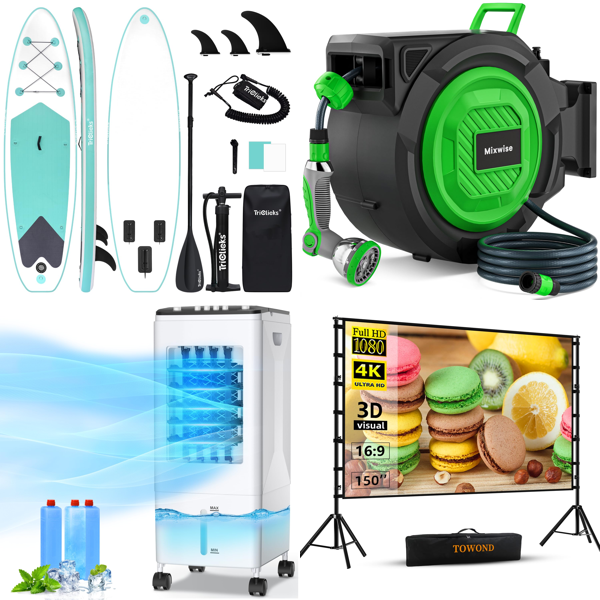 Source photograph for Pallet – Mixed Home & Garden – Inflatable Paddleboard, Air Cooler, Garden Hose, Fan, Grass Trimmers